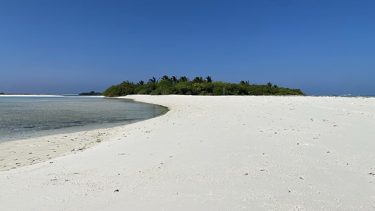 A curving white sandbank reaching across a shallow lagoon toward a small palm-covered island